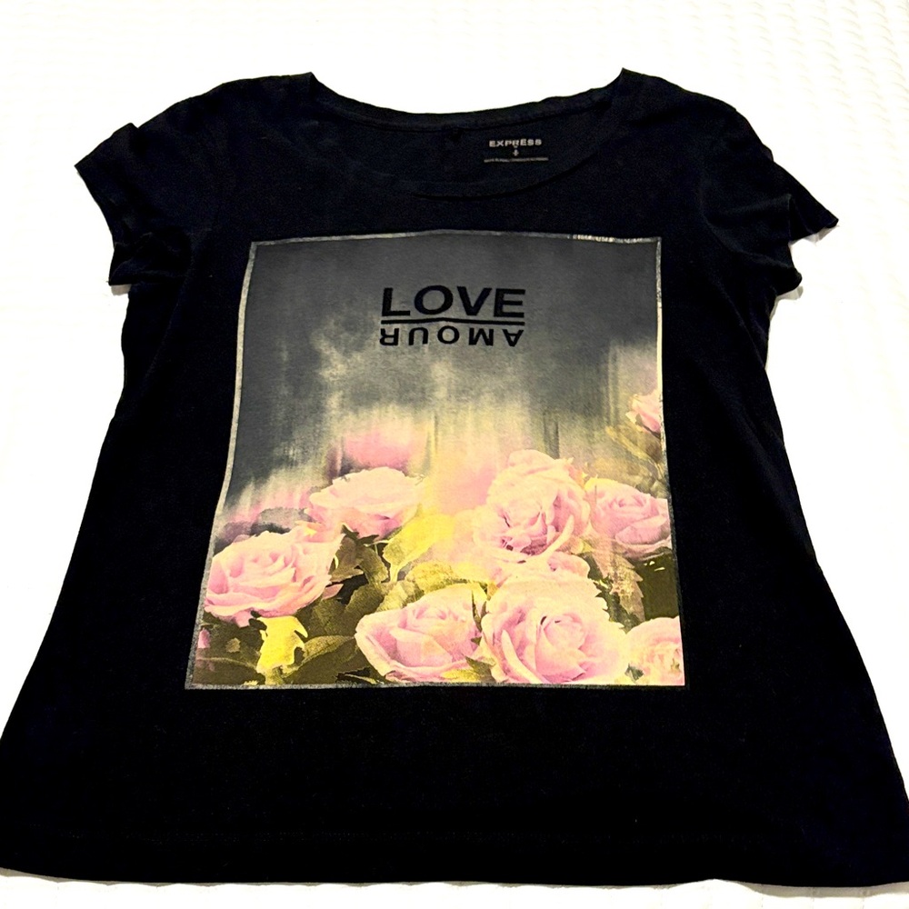 Express Black Tee with Pink Rose Graphic and LOVE AMOUR Print